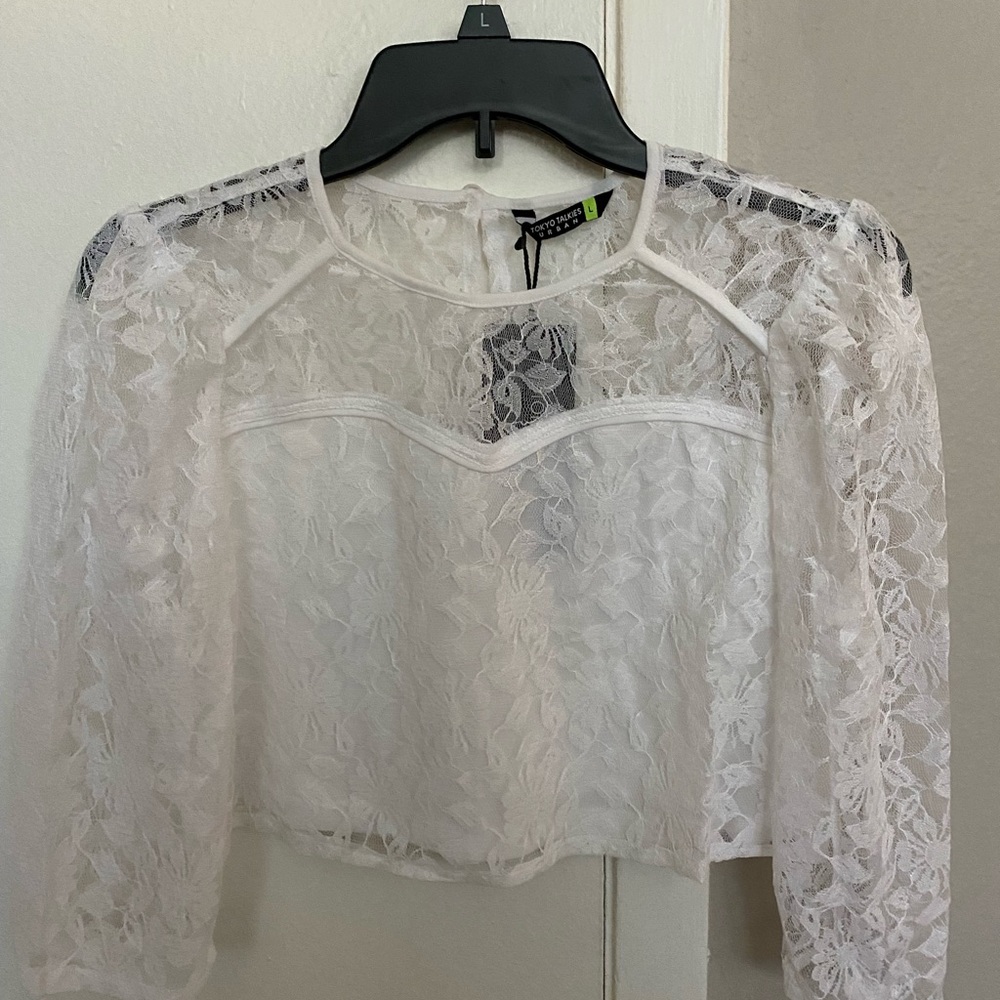 Express White Floral Lace Long-Sleeve Crop Top
